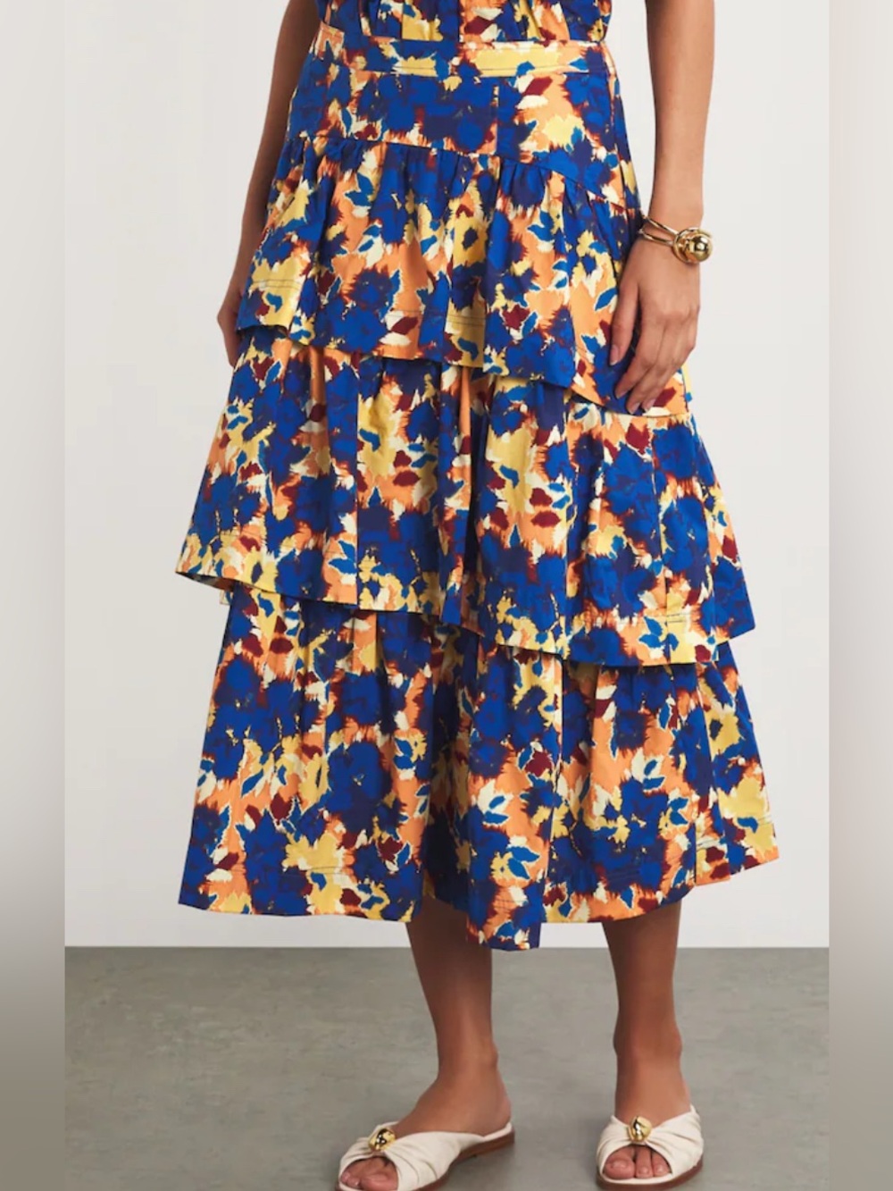Ulla Johnson Tiered Midi Skirt in Blue & Orange Floral